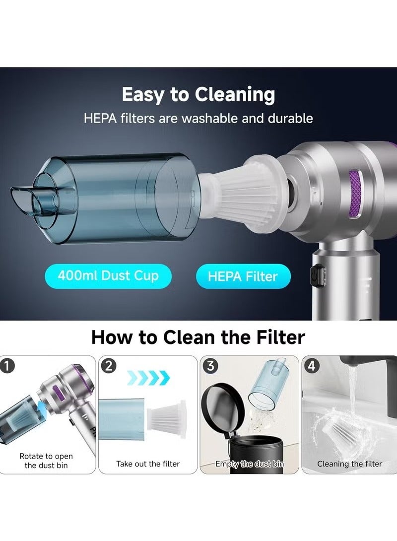 Cordless Handheld Vacuum Cleaner, 16kPa Strong Suction Car Vacuum with Brushless Motor, 4-in-1 Air Duster & Blower, LED Light, Type-C Fast Charging, Mini Portable Vacuum for Home & Pet - Image 5